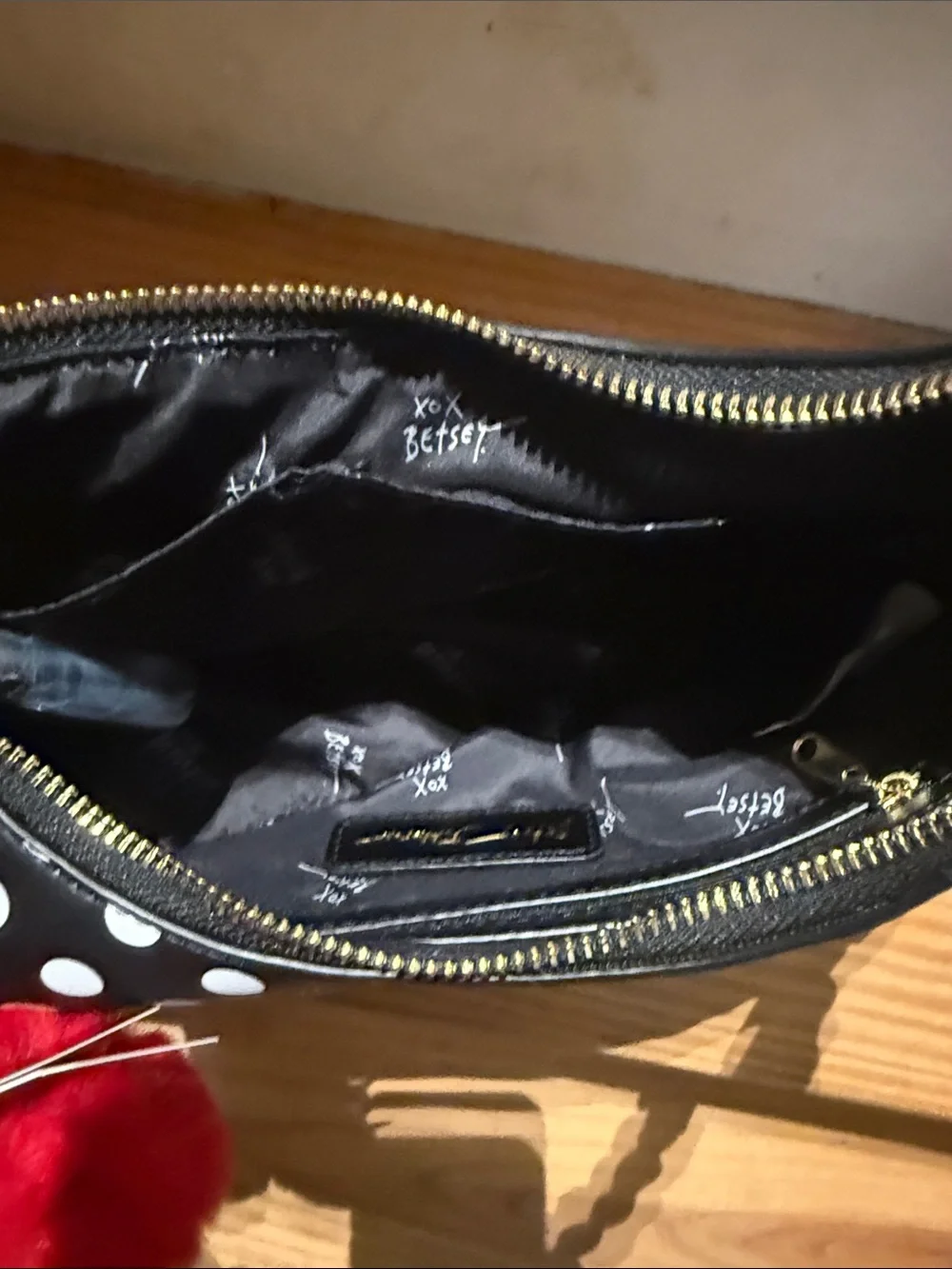 Betsey Johnson Black and White Polka Dot Crescent Shoulder Bag